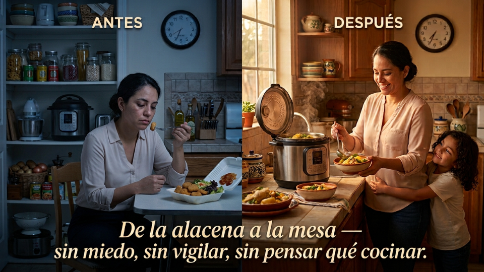 Antes: mujer cansada comiendo comida para llevar junto a la olla guardada. Después: la misma mujer sonriente sirviendo un guiso casero con su hijo abrazándola
